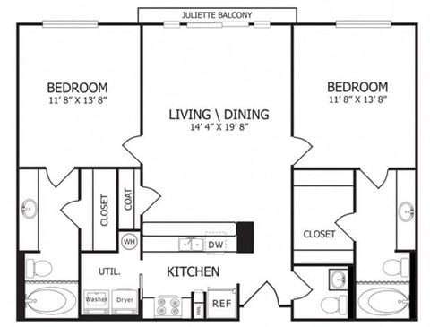 Floor plan for 2 beds, 2.5 baths, 1063 sqft